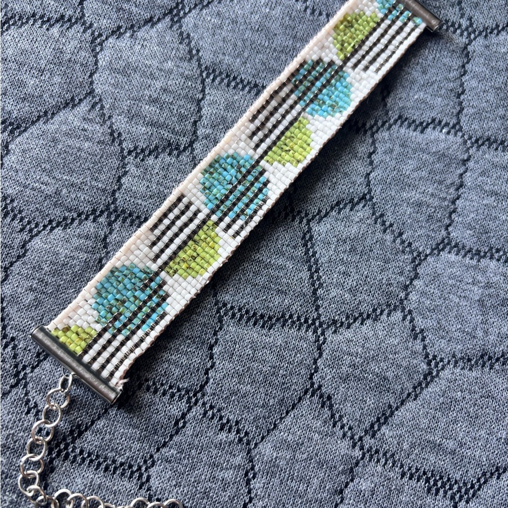 Handcrafted Miyuki Delica Beaded Bracelet with Blue and Green Accents